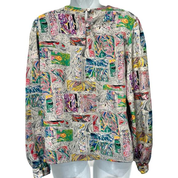 Vintage 80s Gray Rainbow Blue Pink Swirl Satin Scoop Neck Blouse size 10 / M - Picture 3 of 11